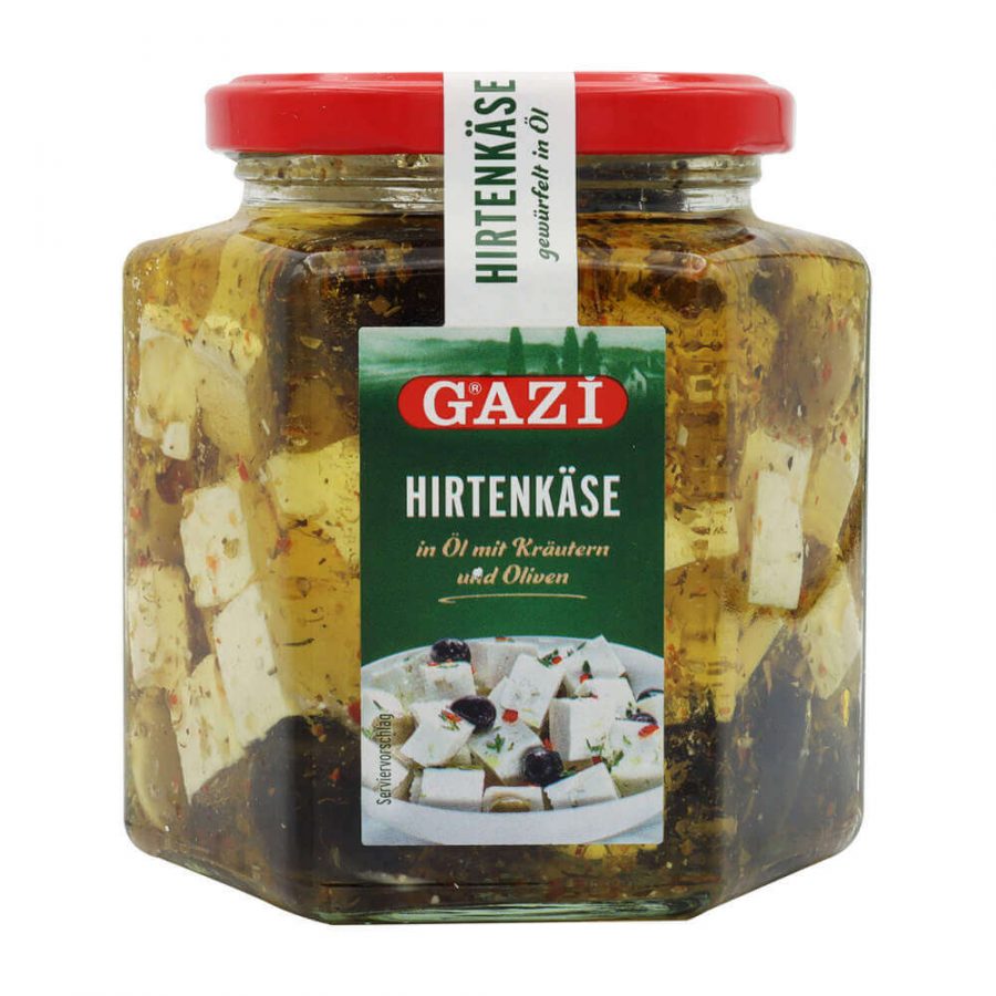 GAZI WHITE CHEESE CUBES IN OIL WITH HERBS AND OLIVES (JAR) - Image 1